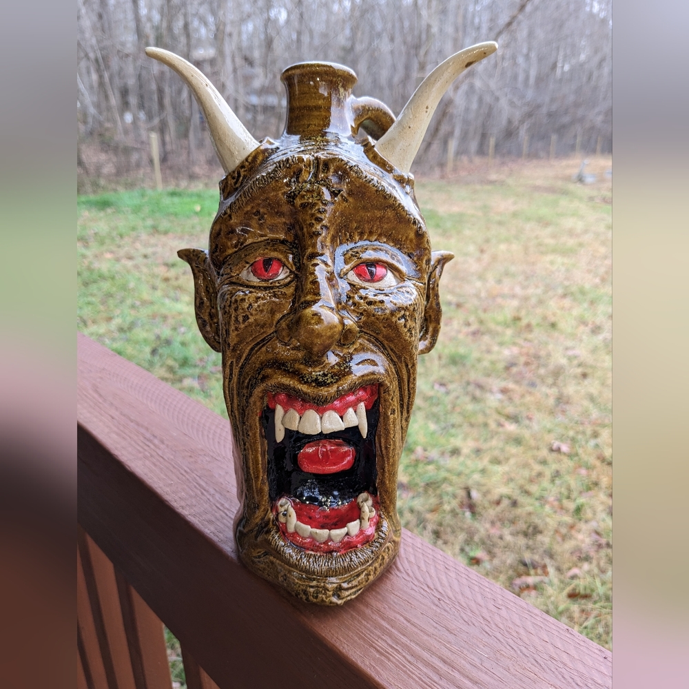 OOAK VTG SIGNED LARGE VERY DETAILED POTTERY JUG SCULPTURE 10.5"x6"